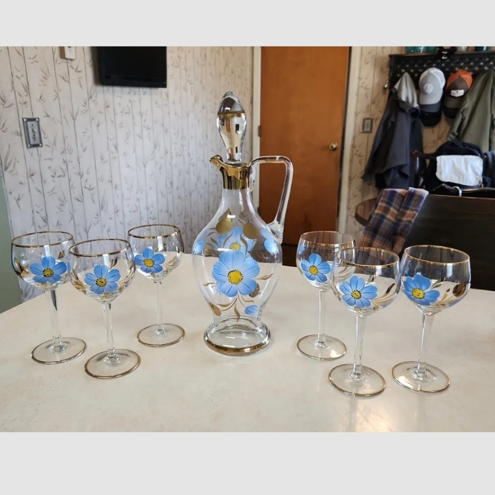 Vtg Romanian Glass Decanter Set 6 Wine Glasses Hand Painted Blue Floral Gold Rim